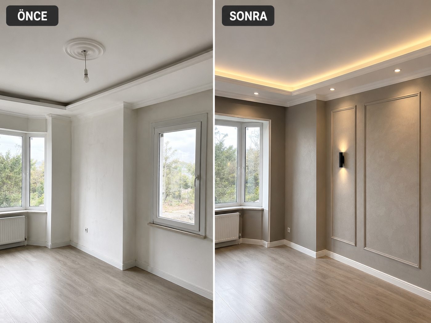 Üçyol iç cephe boya öncesi ve sonrası